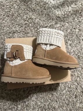 UGG Kids Suede Knit Cuff Boots - Tan & Cream